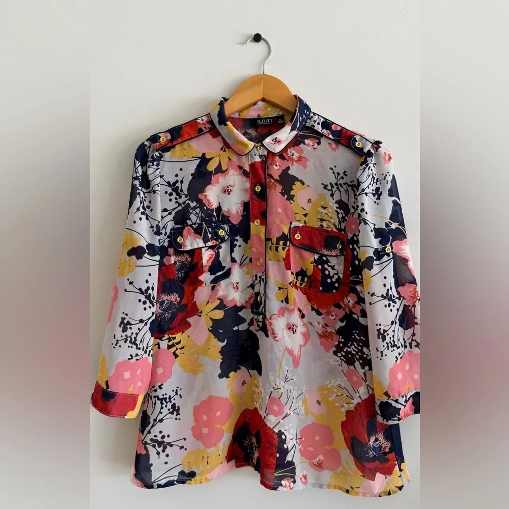 ANA Women Blouse Petite L Floral Button Front Sheer Boho Top casual chic